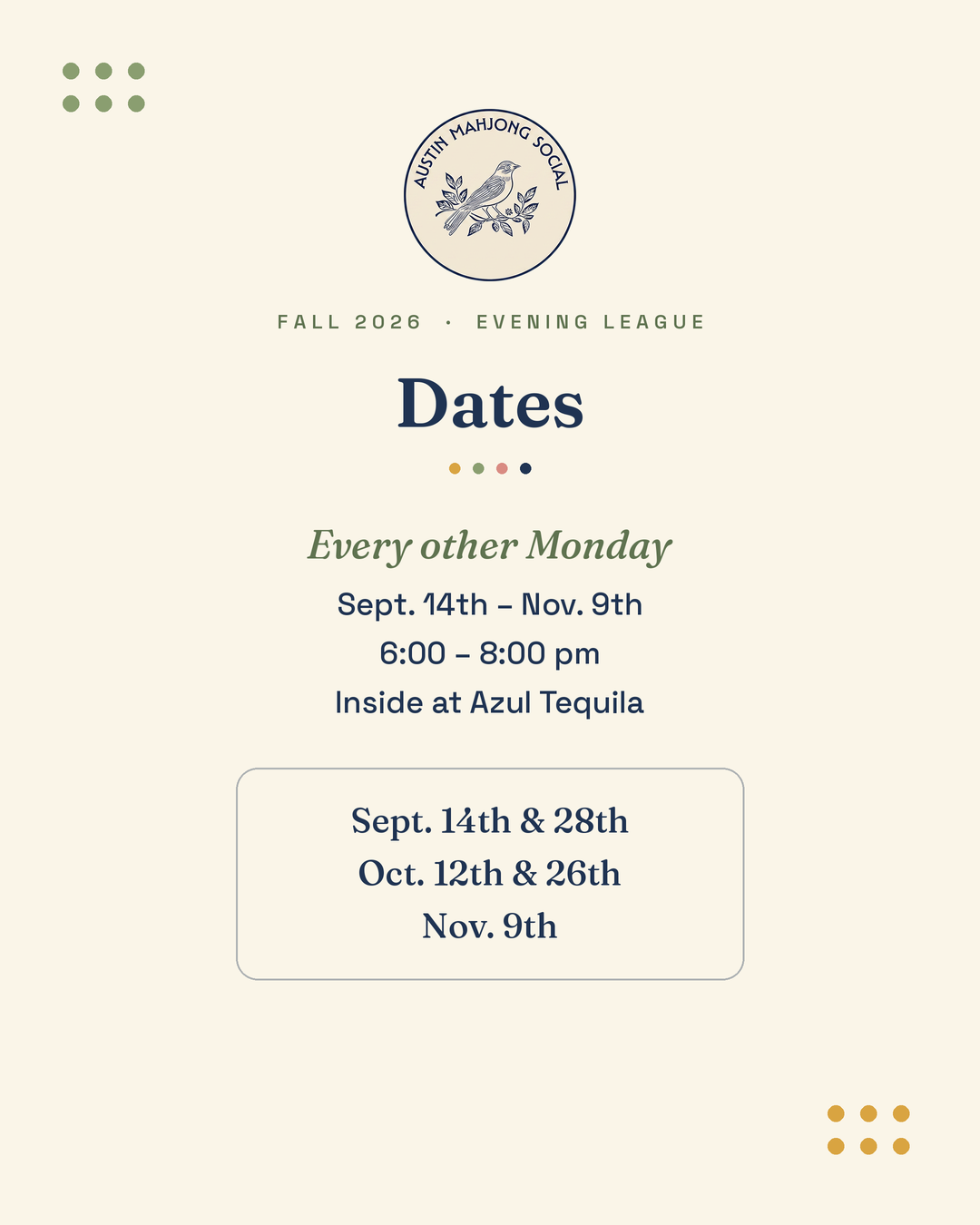 Austin Mahjong Social EVENING League - FALL 2026